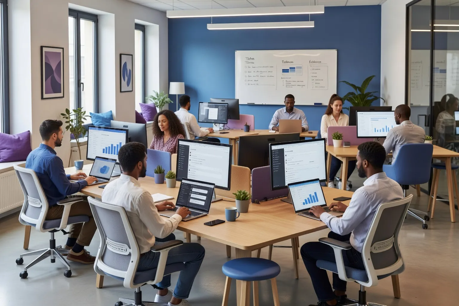 Open space d'une PME française avec 8 collaborateurs travaillant sur ordinateurs portables et écrans affichant ChatGPT