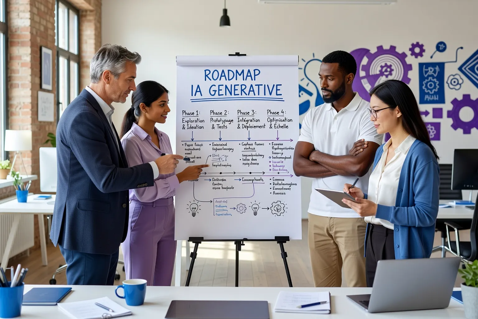 Réunion stratégique IA dans une PME : quatre dirigeants autour d'un paperboard avec roadmap IA générative