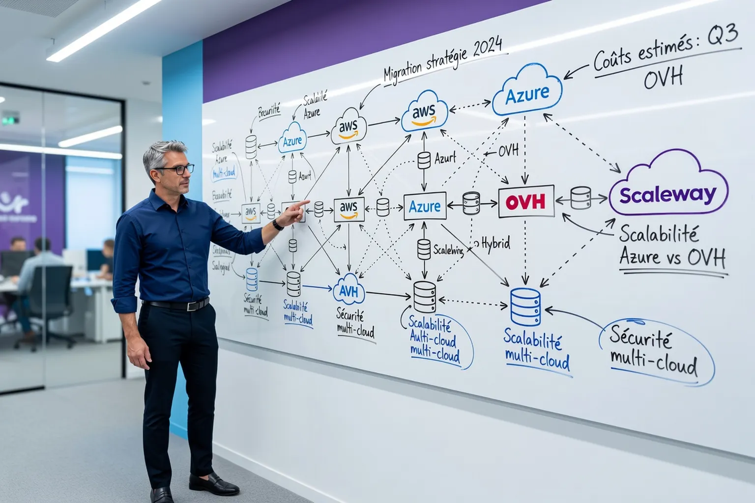 Architecte cloud devant un tableau blanc montrant un schéma multi-cloud AWS Azure OVHcloud Scaleway