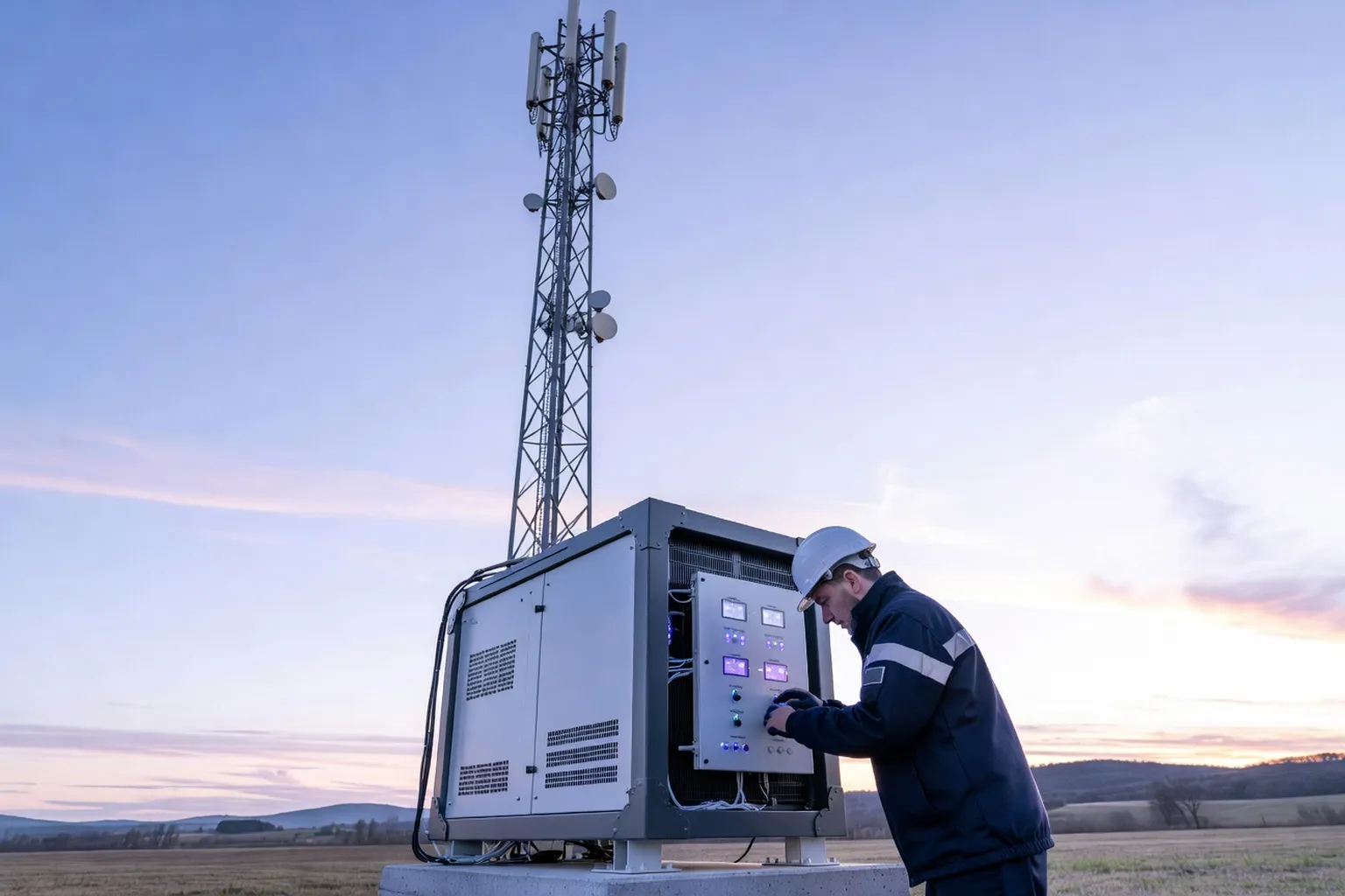 Pylône 5G en arrière-plan avec un micro-datacenter compact edge et un technicien vérifiant un panneau de contrôle