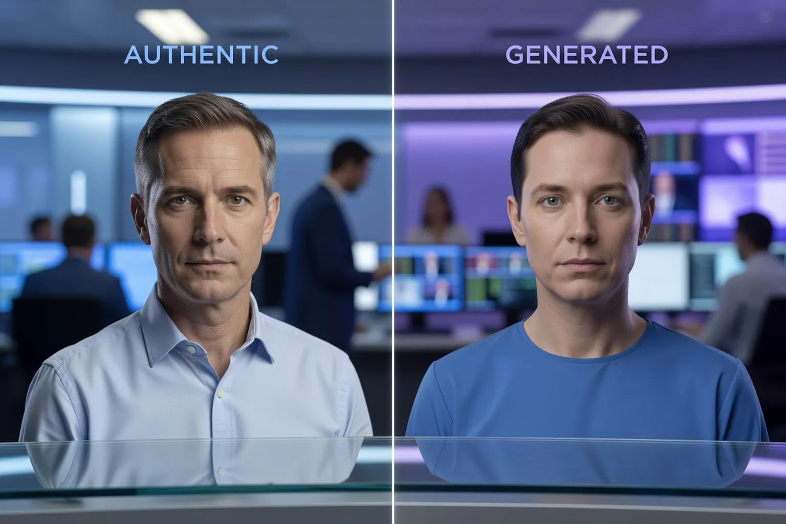 Comparaison visuelle vrai vs deepfake : deux portraits côte à côte avec marquage subtil