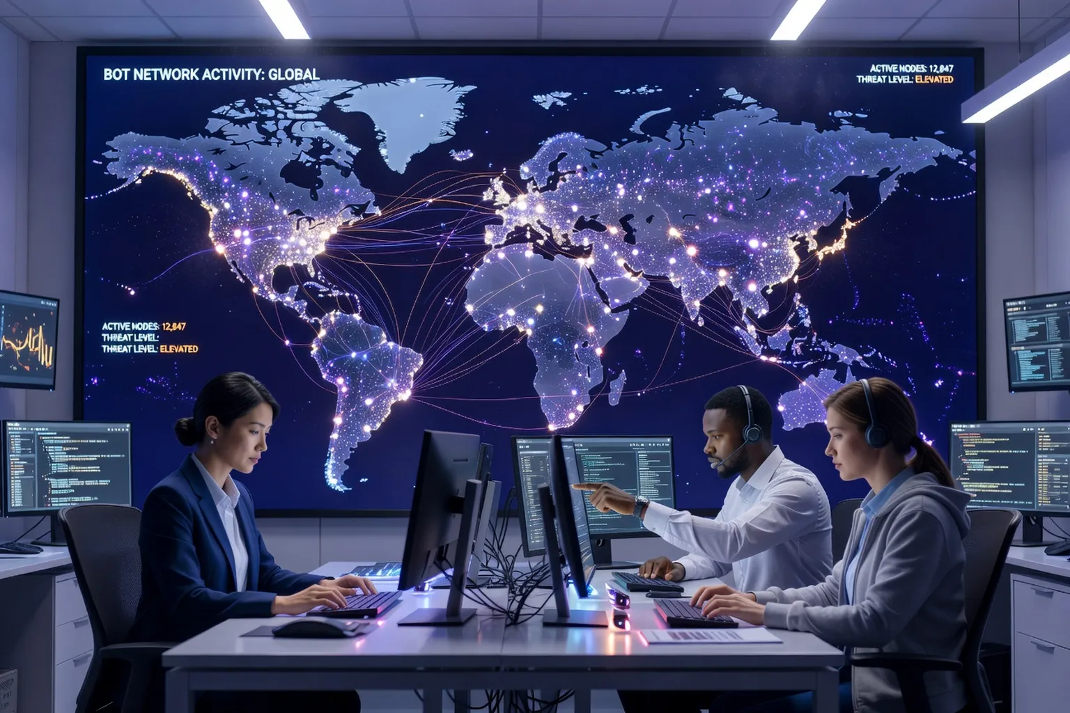 Carte du monde superposée à un réseau de bots actifs avec points lumineux reliés, salle de veille avec analystes