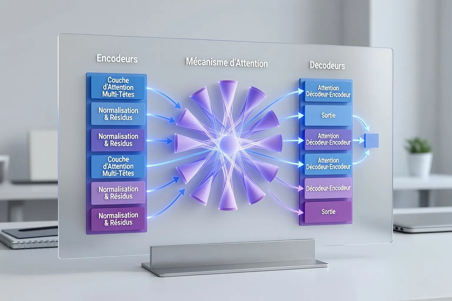 Diagramme conceptuel d'un transformer avec encodeurs decodeurs et attention heads