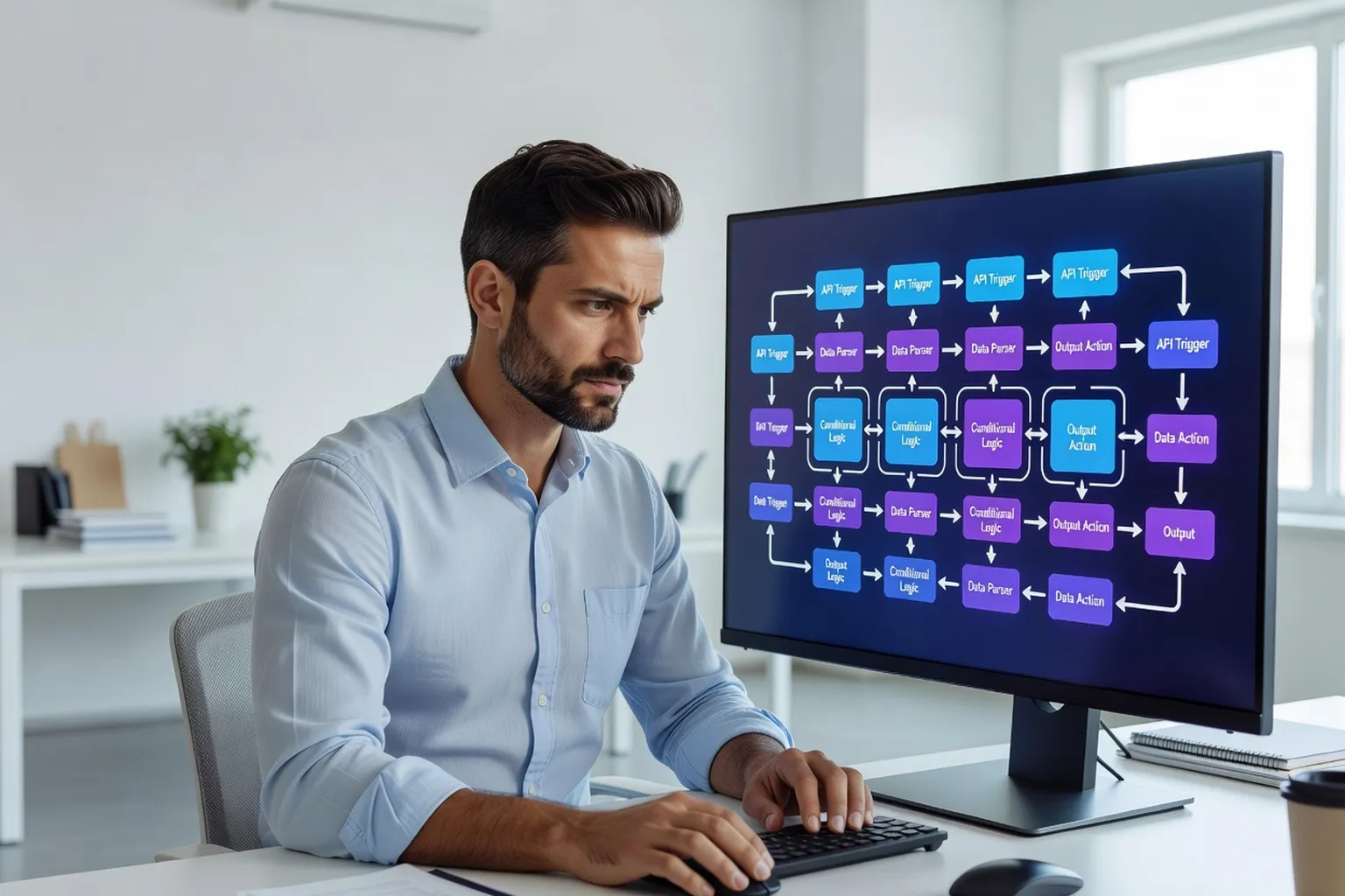 Entrepreneur PME construisant un workflow automatise sur Make ou n8n avec ecran de cartes connectees