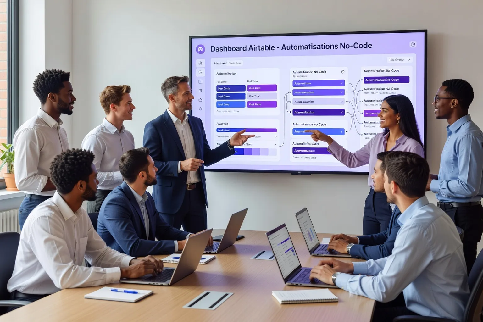 Equipe marketing PME utilisant un dashboard Airtable avec automatisations no-code en atmosphere collaborative