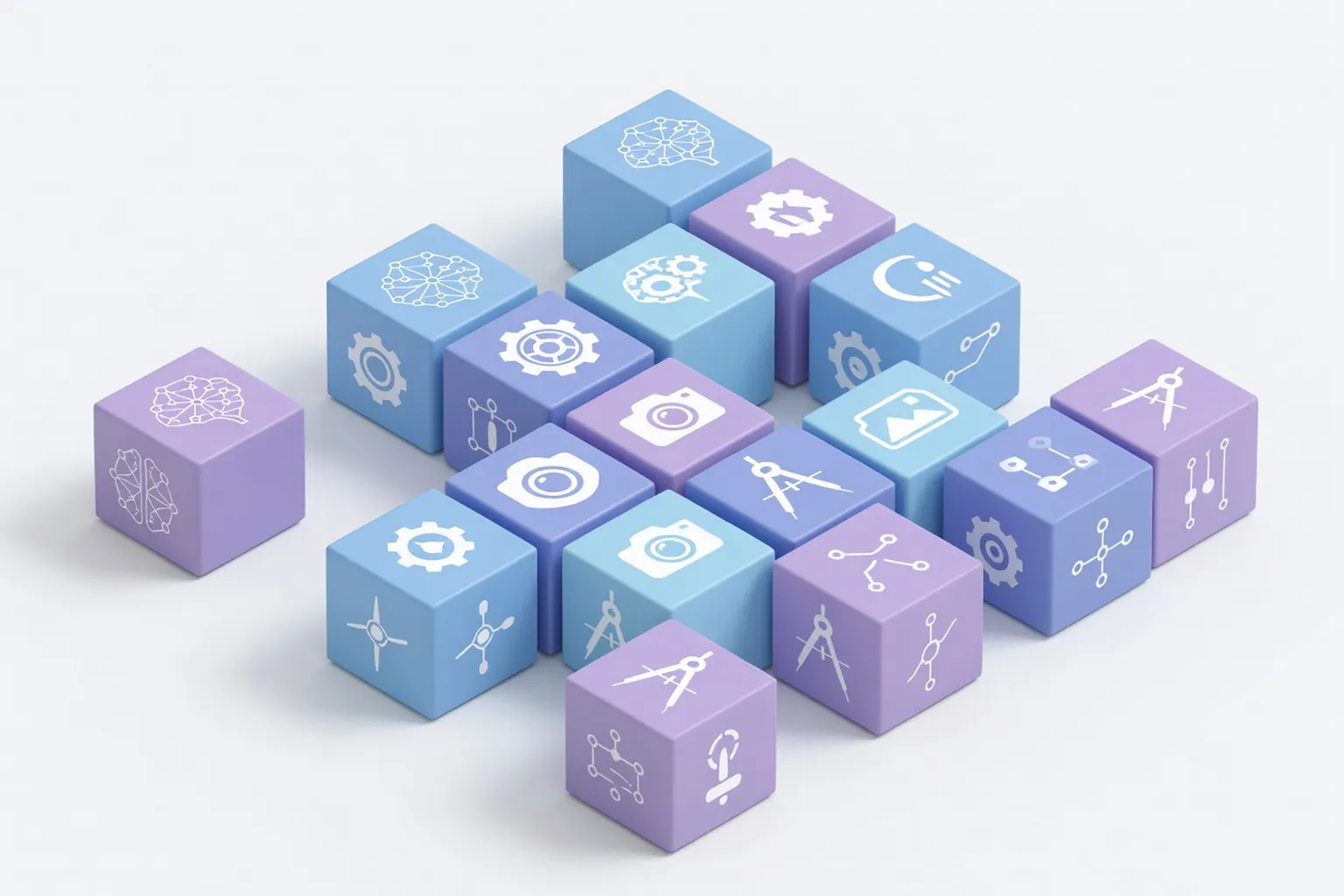 Vue isométrique d'un puzzle d'icônes d'outils IA — agents, MCP, modèles et plateformes 2026