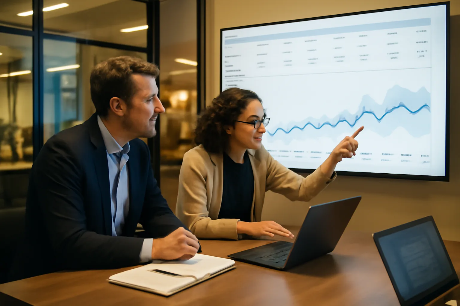 Dirigeant et data scientist analysant des prévisions prédictives issues du big data lors d'une réunion en entreprise
