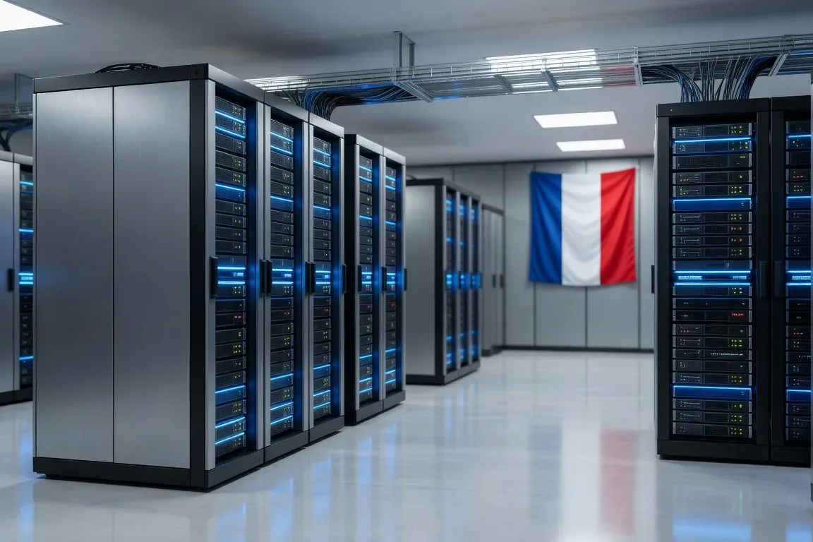 Datacenter français avec le drapeau tricolore, infrastructure cloud souveraine