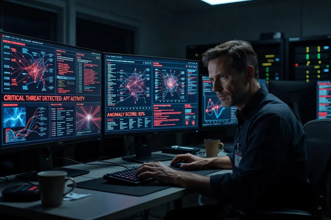 Analyste cybersécurité devant des tableaux de bord de détection de menaces