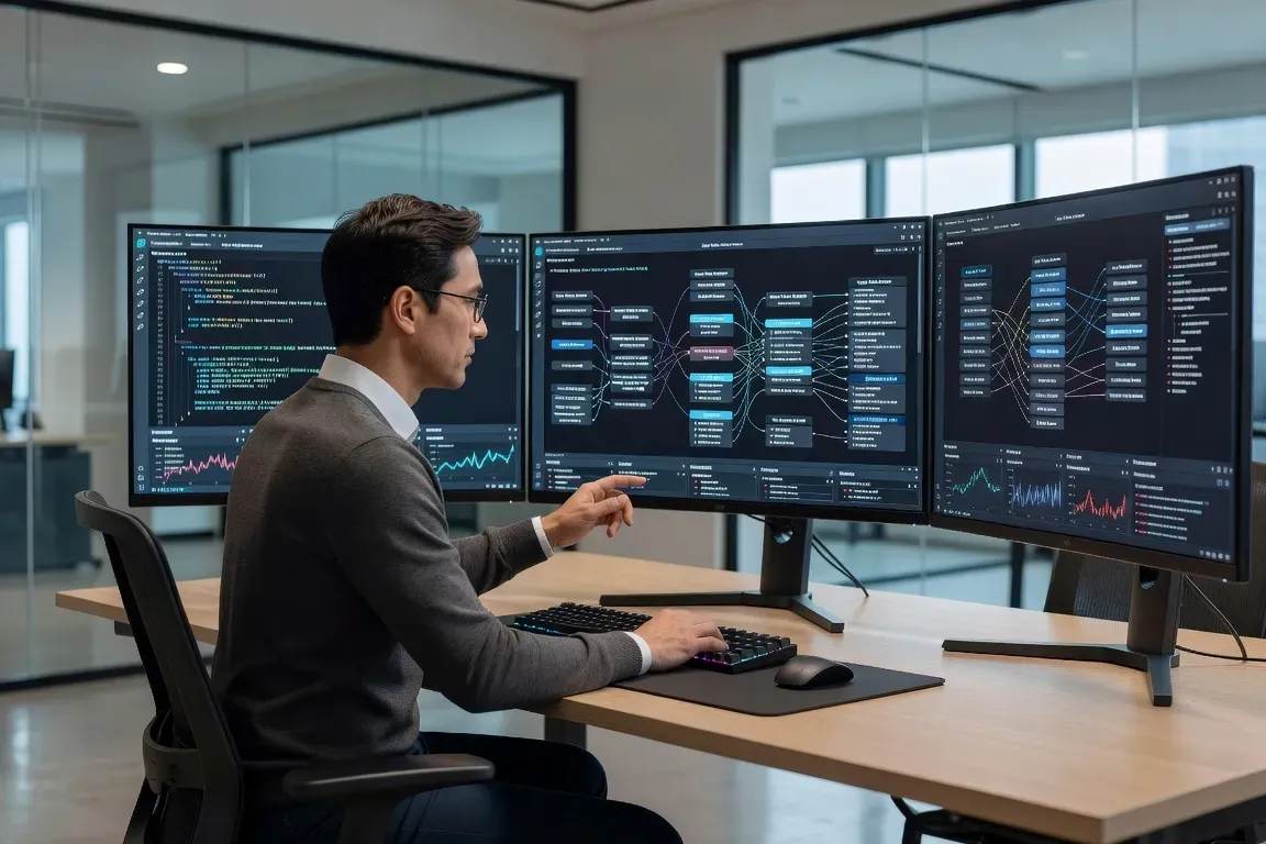 Développeur travaillant avec des workflows d'agents IA sur plusieurs écrans