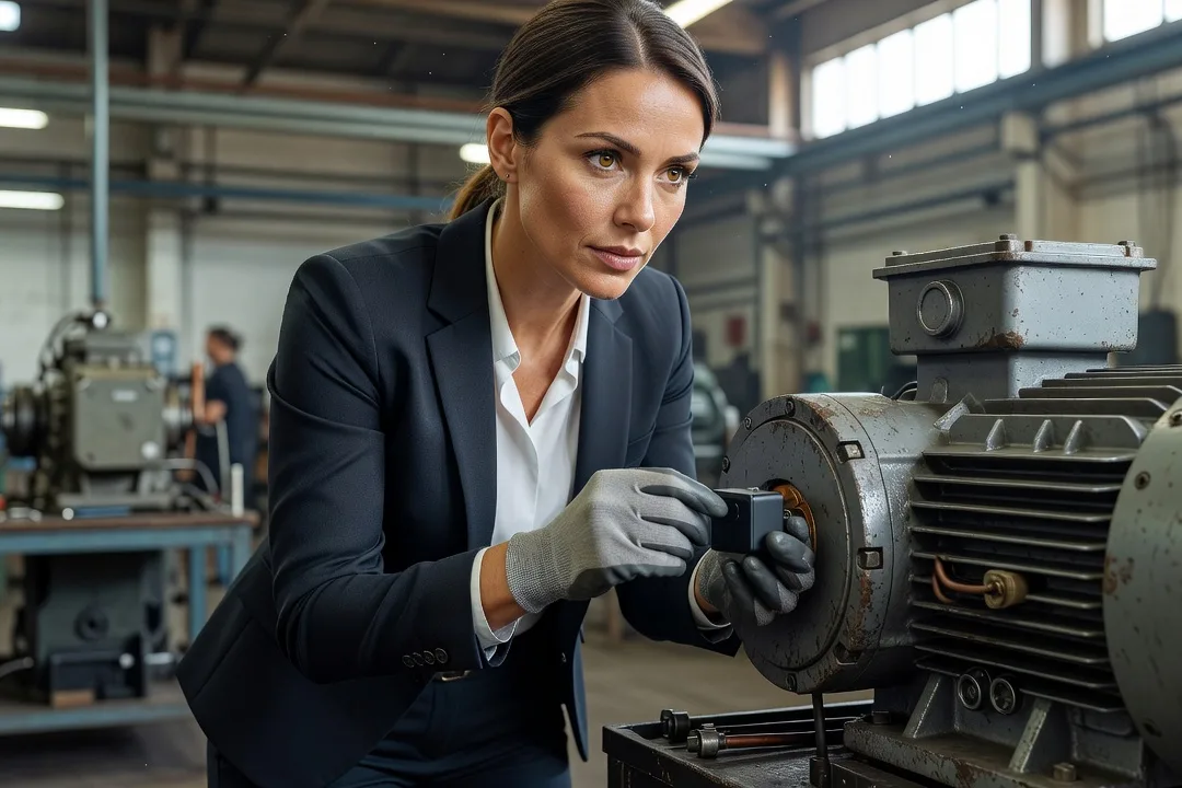 Technicien de maintenance installant un capteur de vibration sans fil sur un moteur industriel