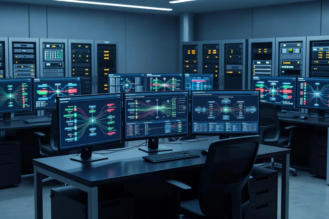 Salle de contrôle industrielle avec écrans de supervision affichant l'état de sécurité des systèmes connectés