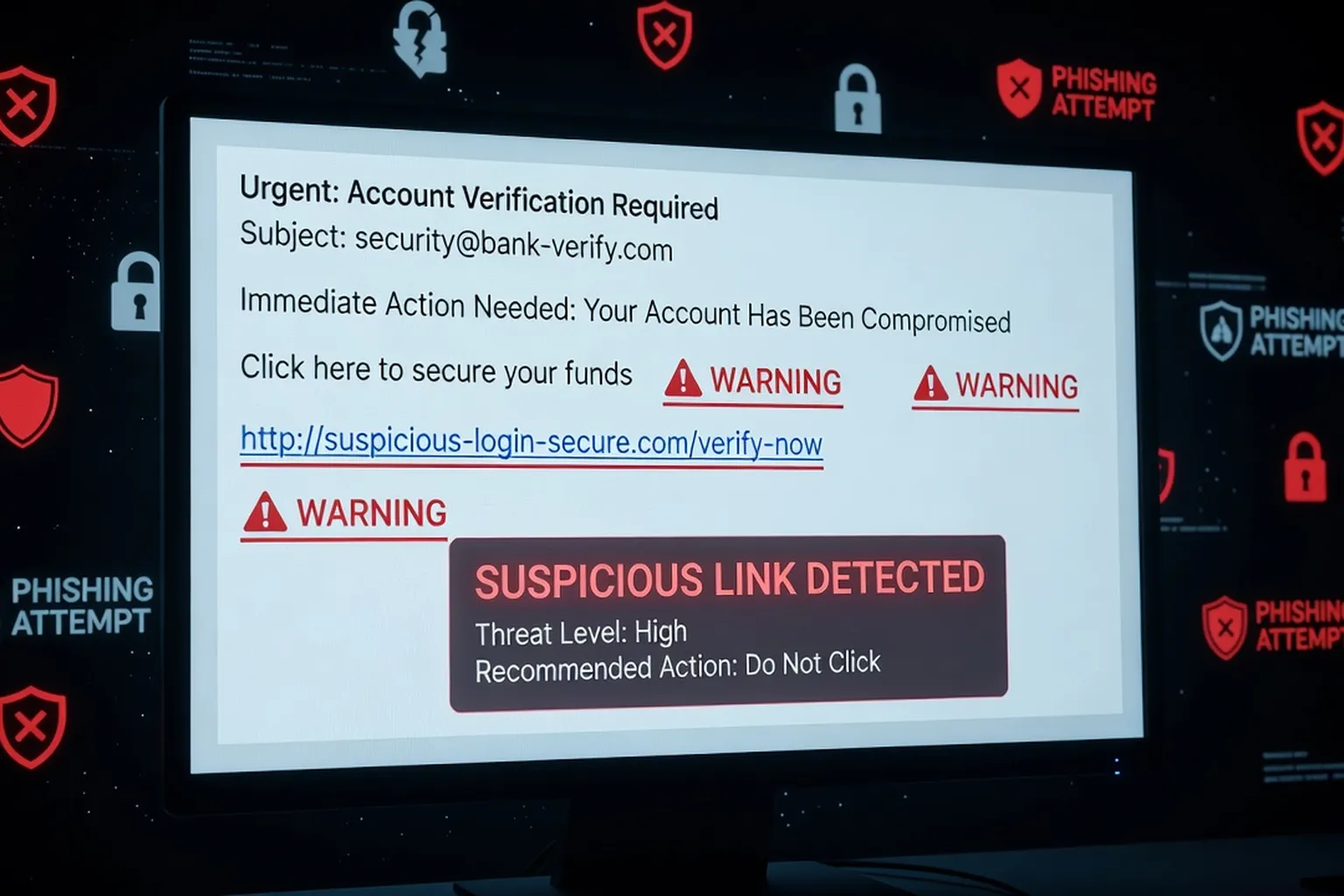 Infographie anatomique d'un email de phishing avec flèches pointant les signes d'alerte — expéditeur frauduleux, lien suspect, urgence artificielle
