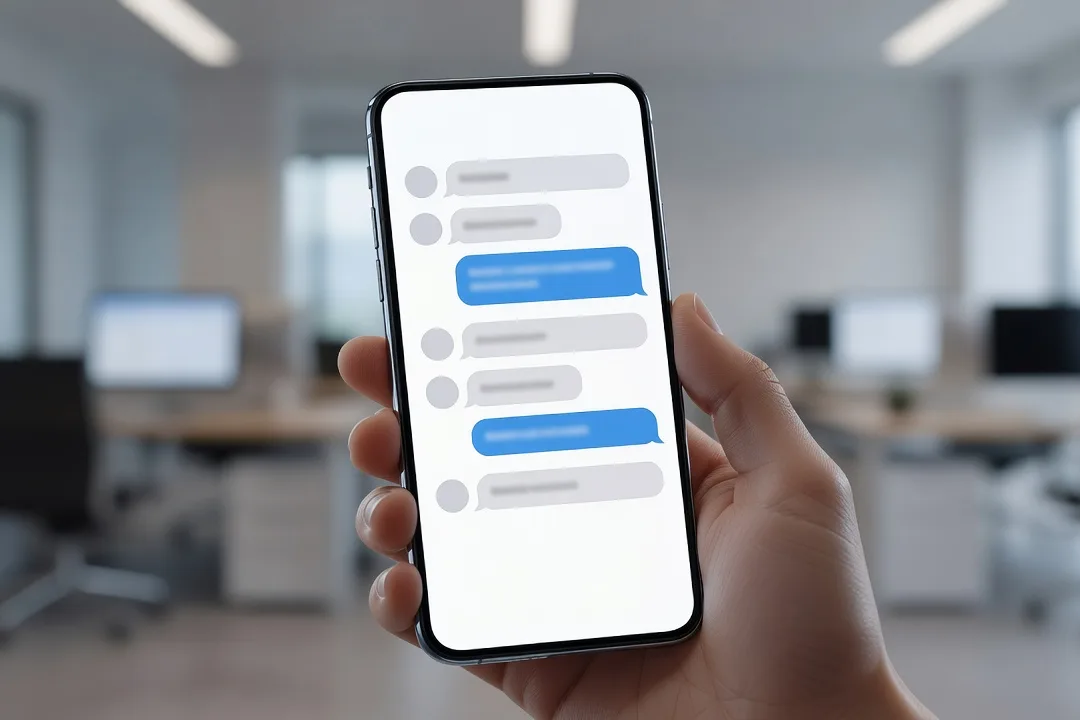 Personne tenant un smartphone affichant une interface de conversation avec un assistant IA dans un bureau