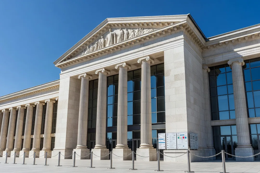 Façade d'un bâtiment institutionnel européen aux colonnes classiques sous un ciel bleu