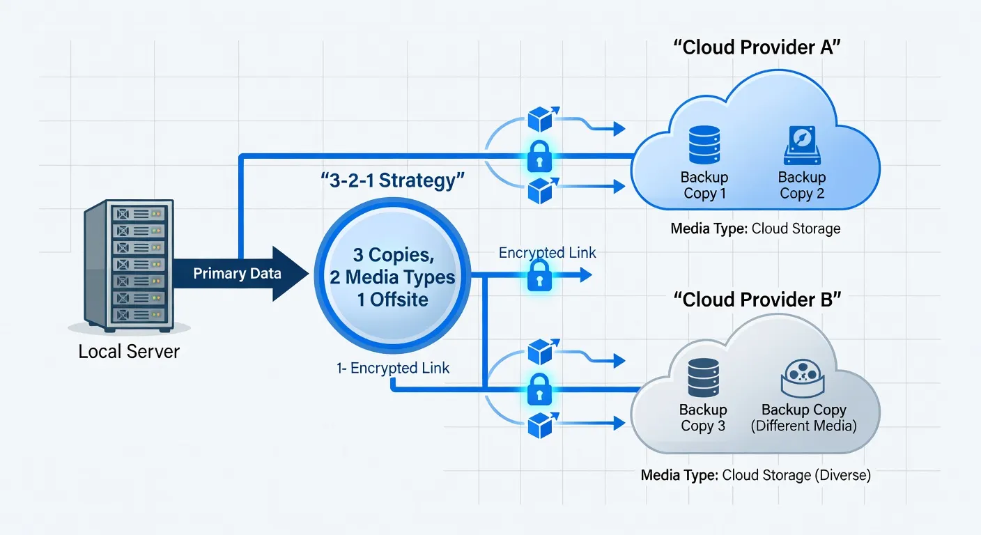 Schéma de la règle 3-2-1 appliquée au cloud avec stockage multi-fournisseurs