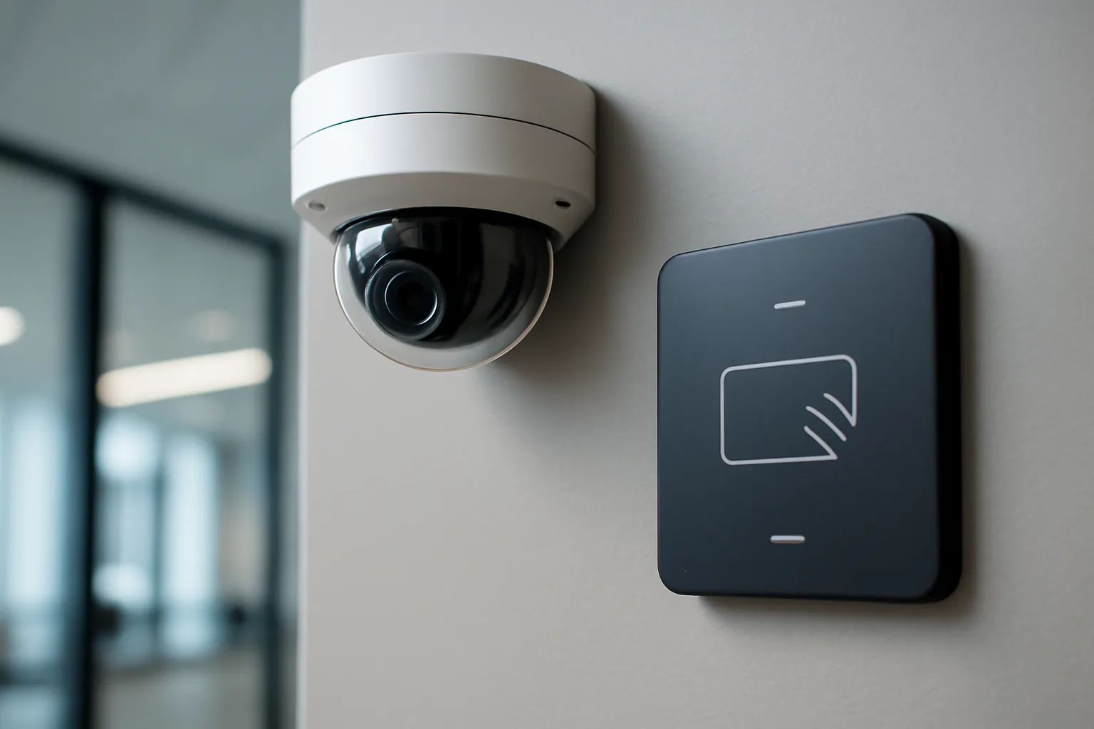 Caméra de surveillance et point d'accès Wi-Fi installés au plafond d'un bureau moderne