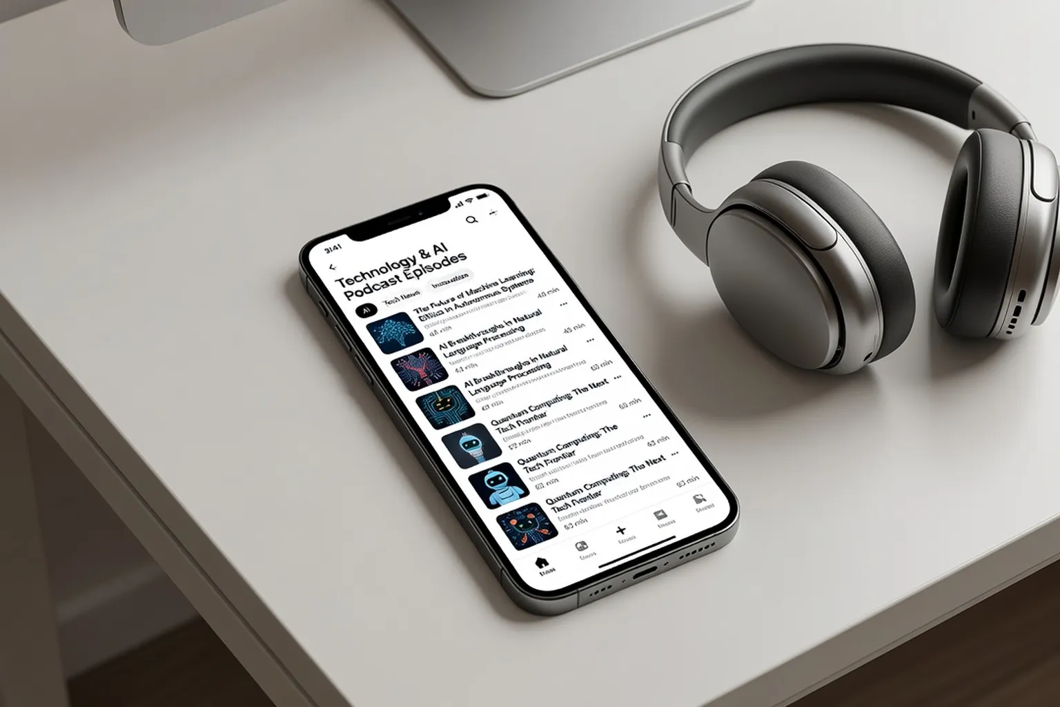 Professionnel dans le métro parisien écoutant un podcast tech sur smartphone avec écouteurs filaires