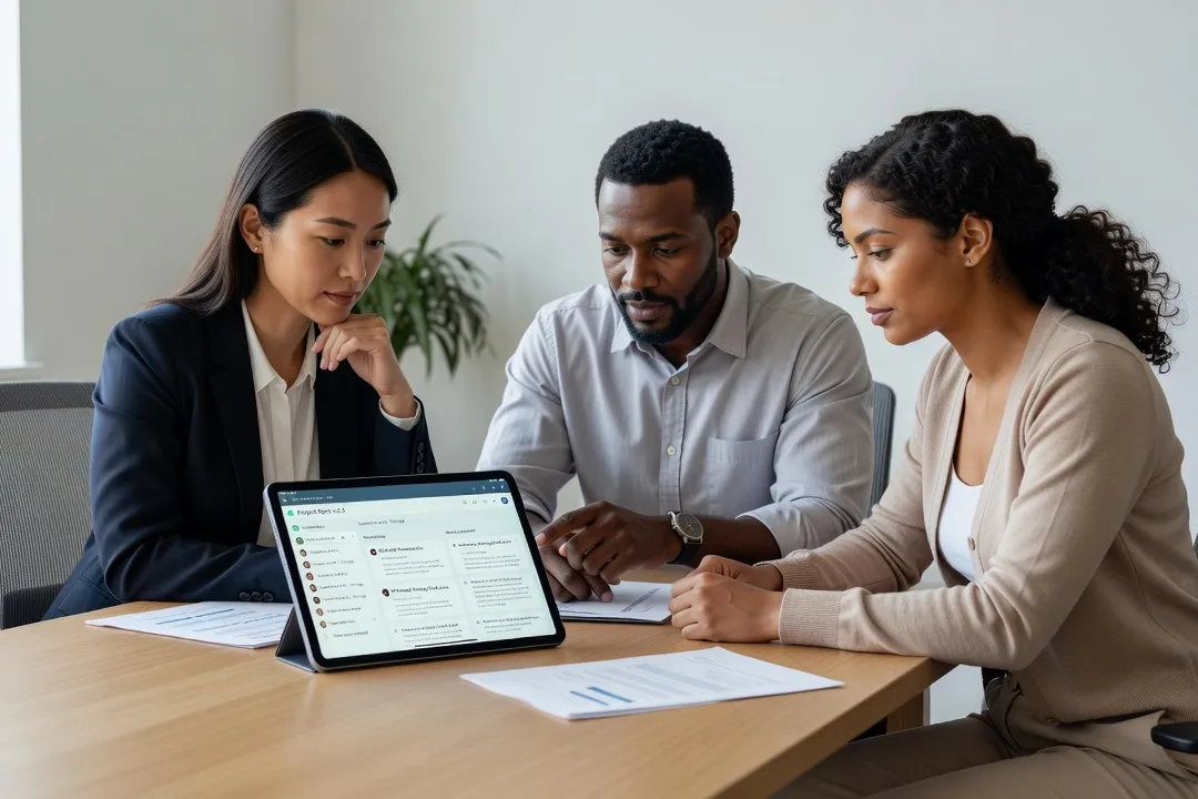 Petite équipe collaborant sur des documents partagés via une plateforme cloud professionnelle