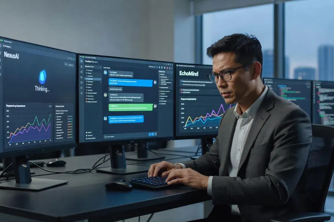 Professionnel testant différentes interfaces IA sur plusieurs écrans