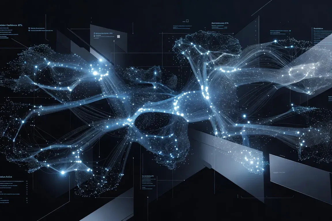 Visualisation abstraite d'un agent IA autonome prenant des décisions