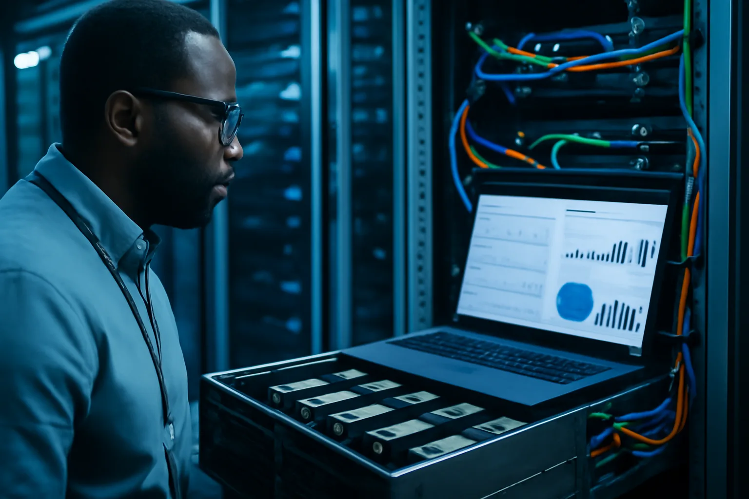 Ingénieur inspectant un serveur GPU dans un data center, carte accélérateur visible pour l'hébergement de workloads IA