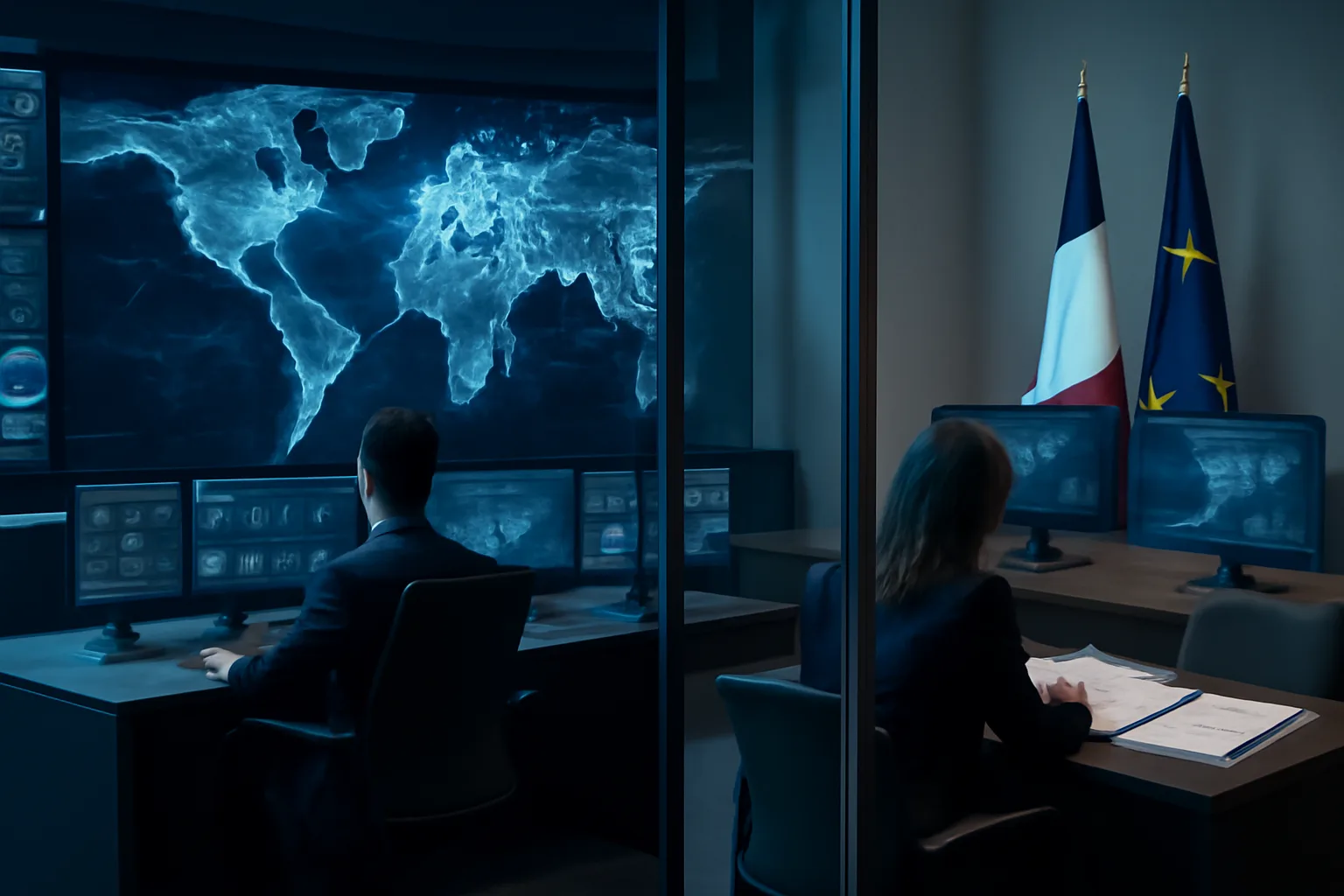 Comparaison visuelle entre une salle de contrôle de cloud public hyperscale et une salle d'opérations cloud souverain sécurisée aux couleurs françaises