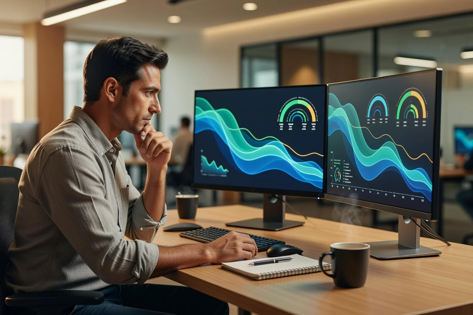Ingénieur analysant des tableaux de bord d'optimisation des coûts cloud sur deux écrans affichant courbes d'utilisation et jauges de consommation