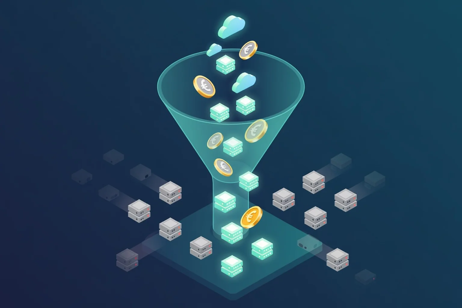 Illustration 3D d'un entonnoir filtrant des serveurs cloud et des pièces en euros, les instances inutilisées s'éteignant en périphérie