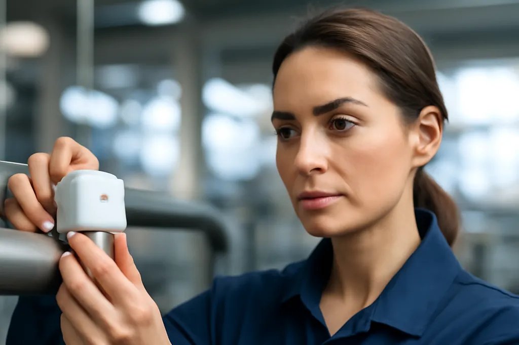 Technicienne installant un capteur IoT sans fil sur une canalisation industrielle
