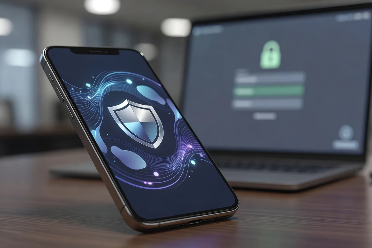 Smartphone professionnel affichant une interface d'approbation d'authentification multifacteur avec bouclier, ordinateur portable en arrière-plan sur une demande de connexion sécurisée
