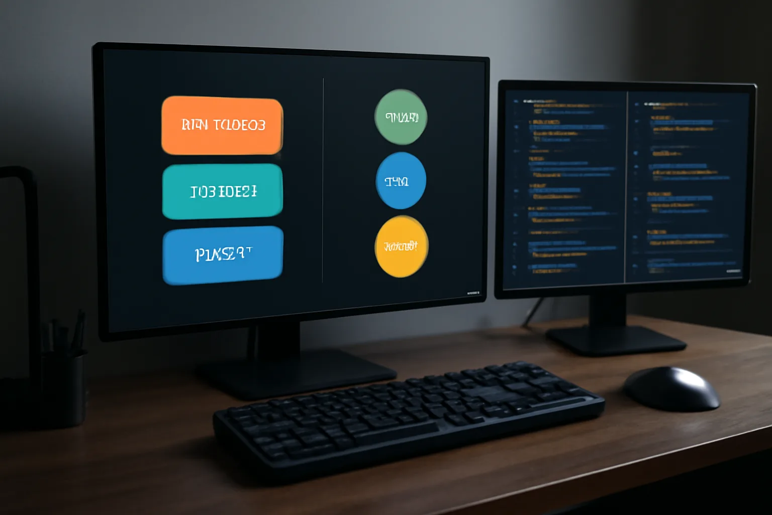 Poste de développeur avec écran affichant des diagrammes d'architecture de frameworks JavaScript