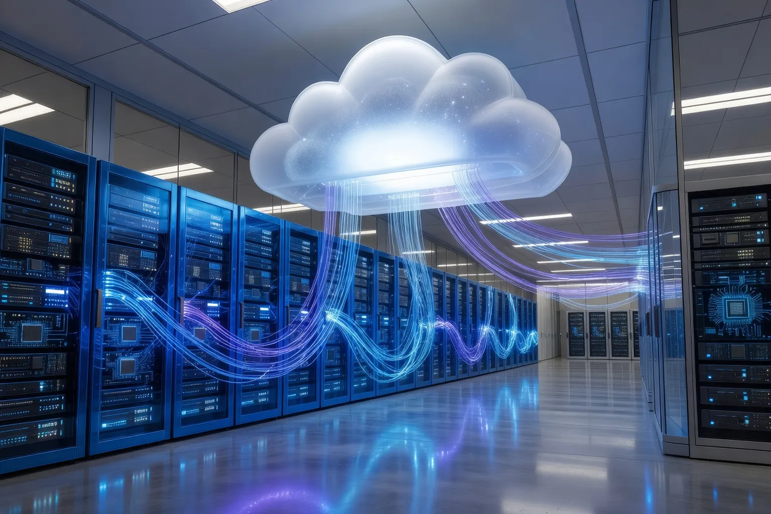 Datacenter futuriste avec serveurs translucides bleus et fibres optiques convergeant vers un cloud stylisé