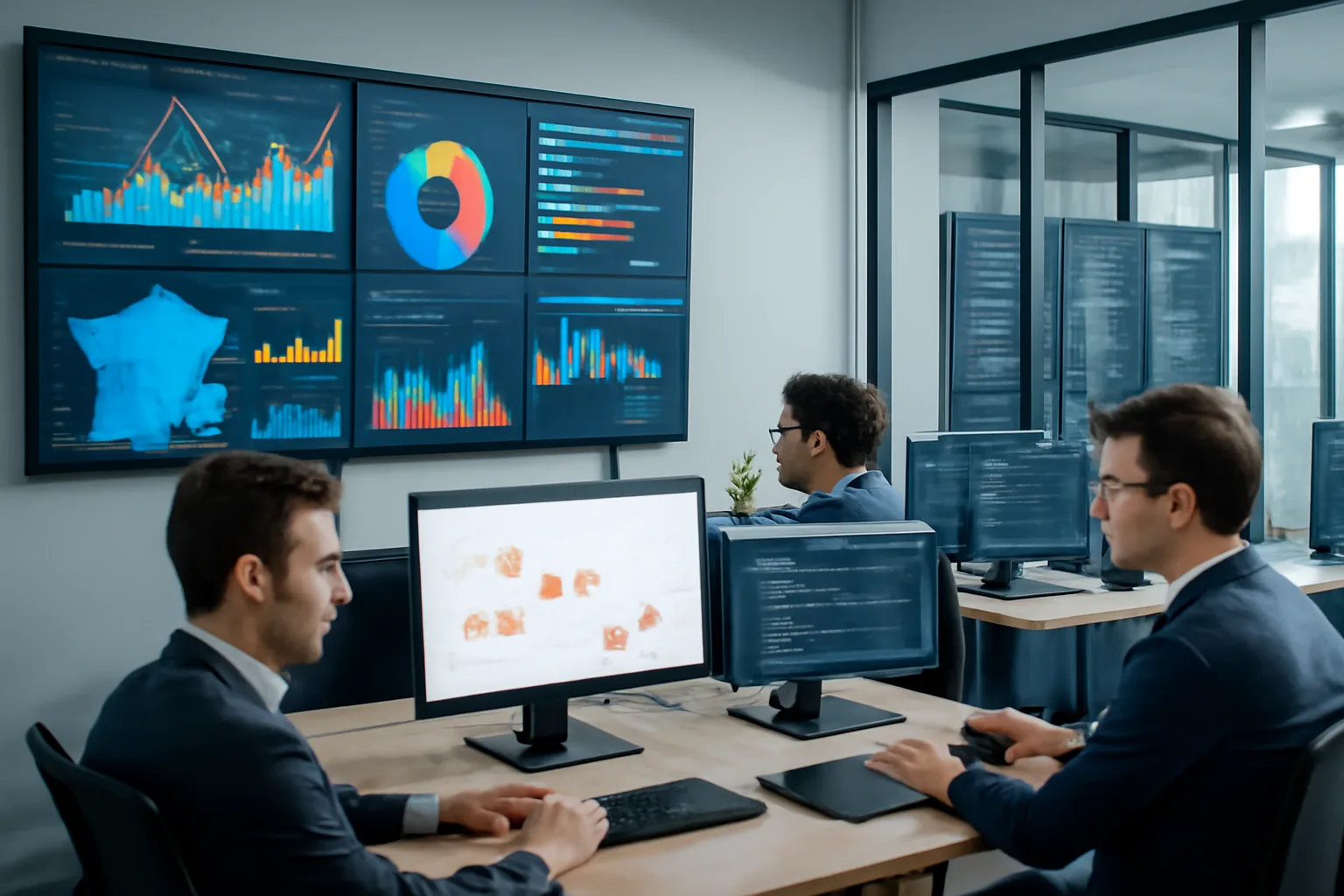 Équipe data analysant des dashboards big data analytics en entreprise française