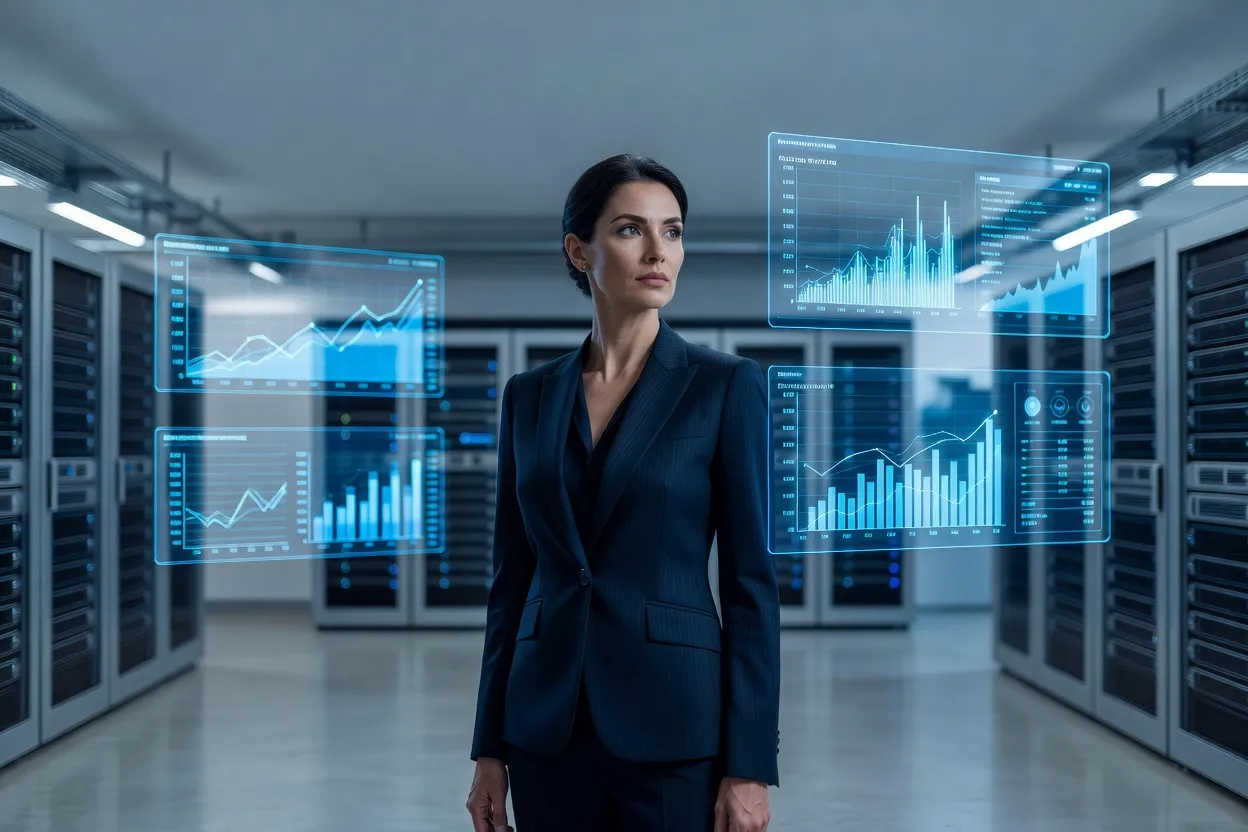 Équipe data analysant des tableaux de bord big data et intelligence artificielle en entreprise