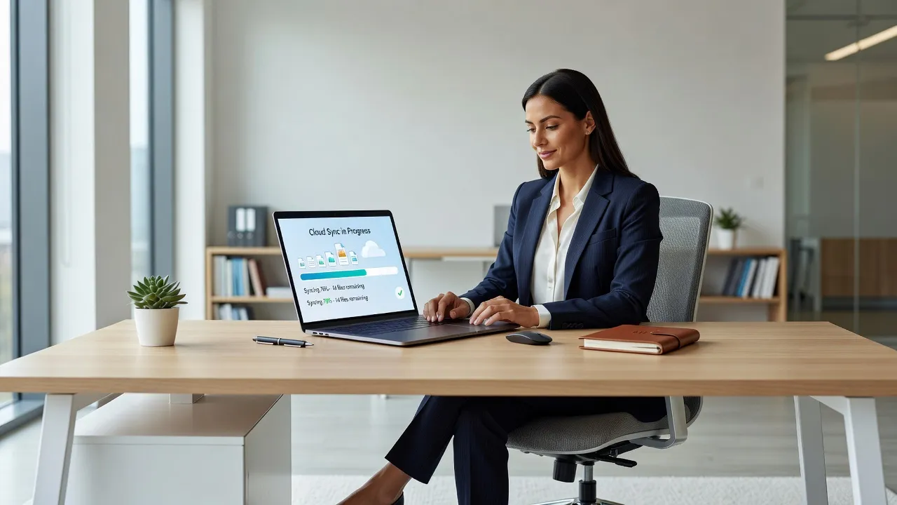 Indépendant travaillant sur un ordinateur portable avec une interface de synchronisation cloud à l'écran
