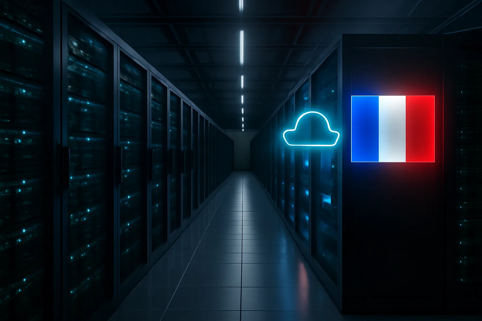 Cloud public vs cloud souverain pour l'IA : allée de serveurs GPU avec drapeau français symbolisant l'hébergement souverain