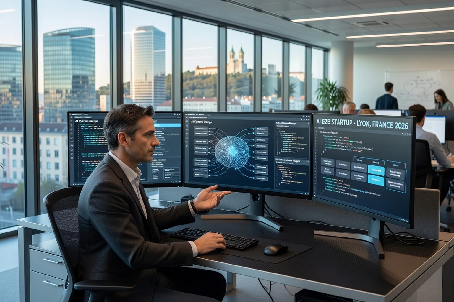 Antoine Ferrière CTO startup IA B2B Lyon bureau avec écrans de code et tableau d'architecture IA 2026