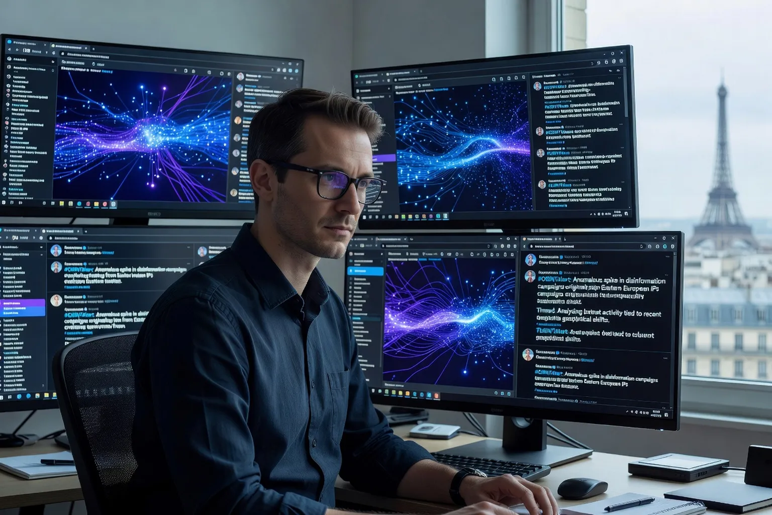 Alexandre Hoarau analyste OSINT cyberinfluence Paris bureau avec écrans graphes réseaux