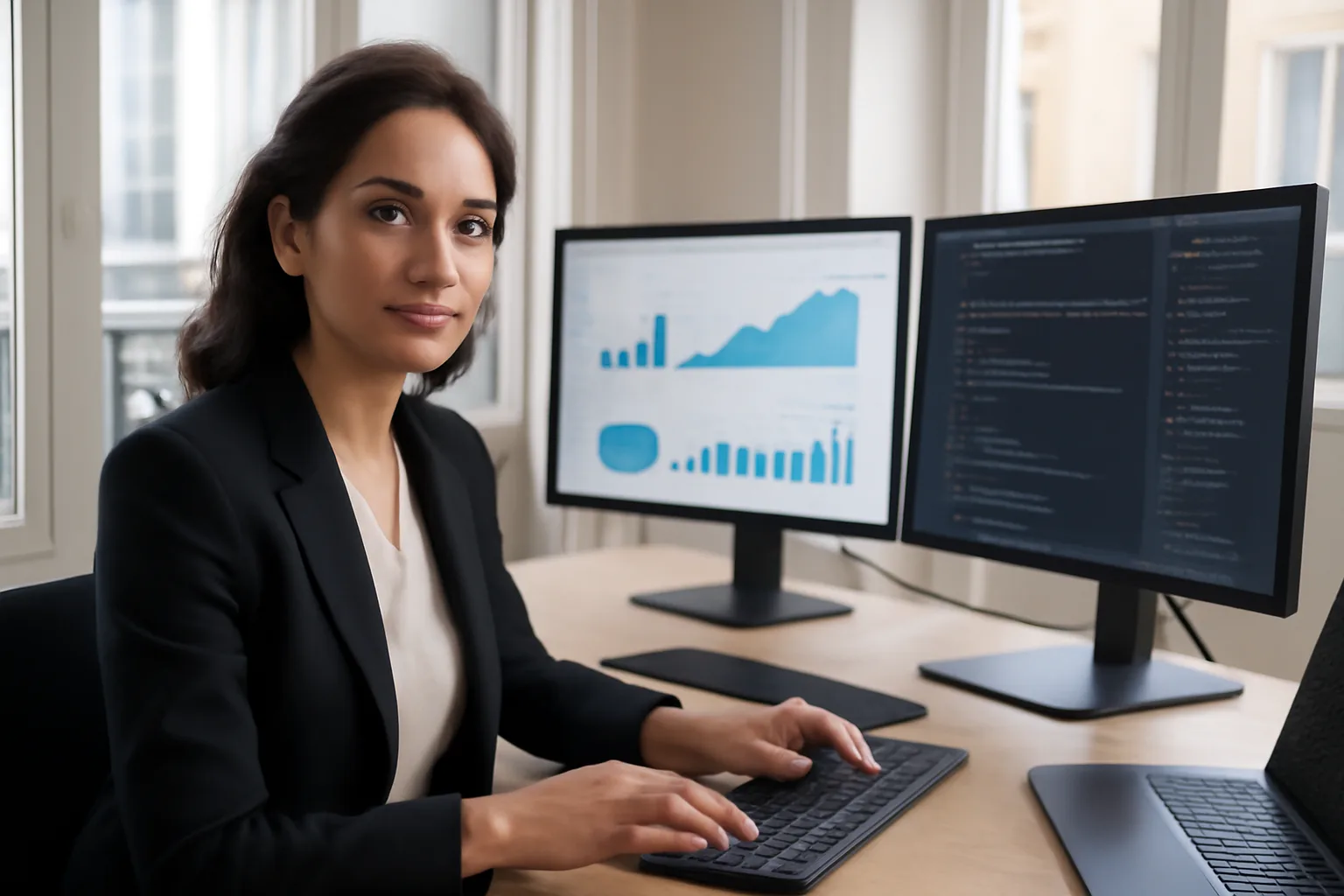 Data scientist au travail sur plusieurs écrans affichant des visualisations de données et du code Python