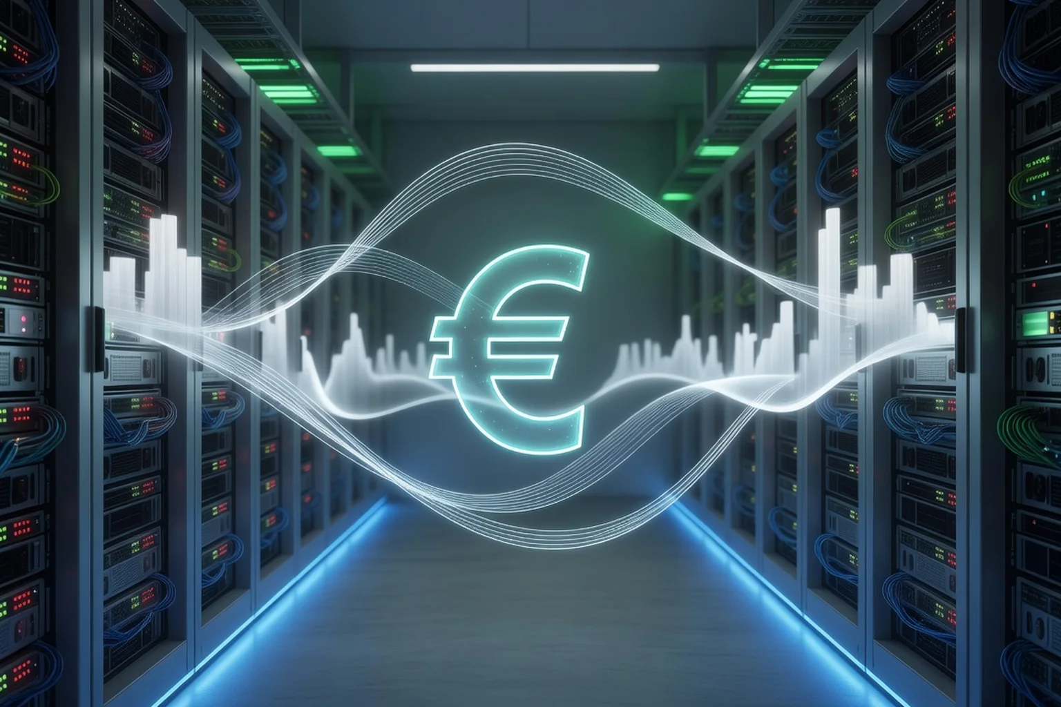 Allée de serveurs avec hologrammes de tableaux de coûts cloud, symbole euro et jauges d'analyse financière flottant au-dessus des racks