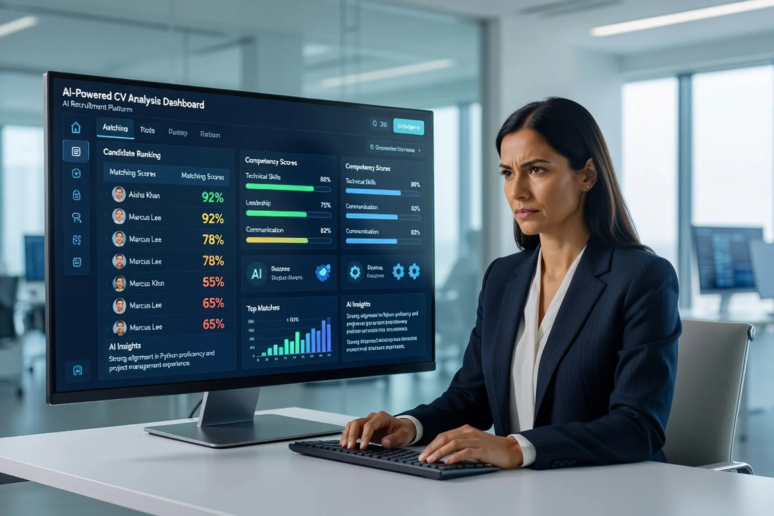 Responsable RH utilisant une plateforme IA de recrutement avec scores de matching candidats affichés