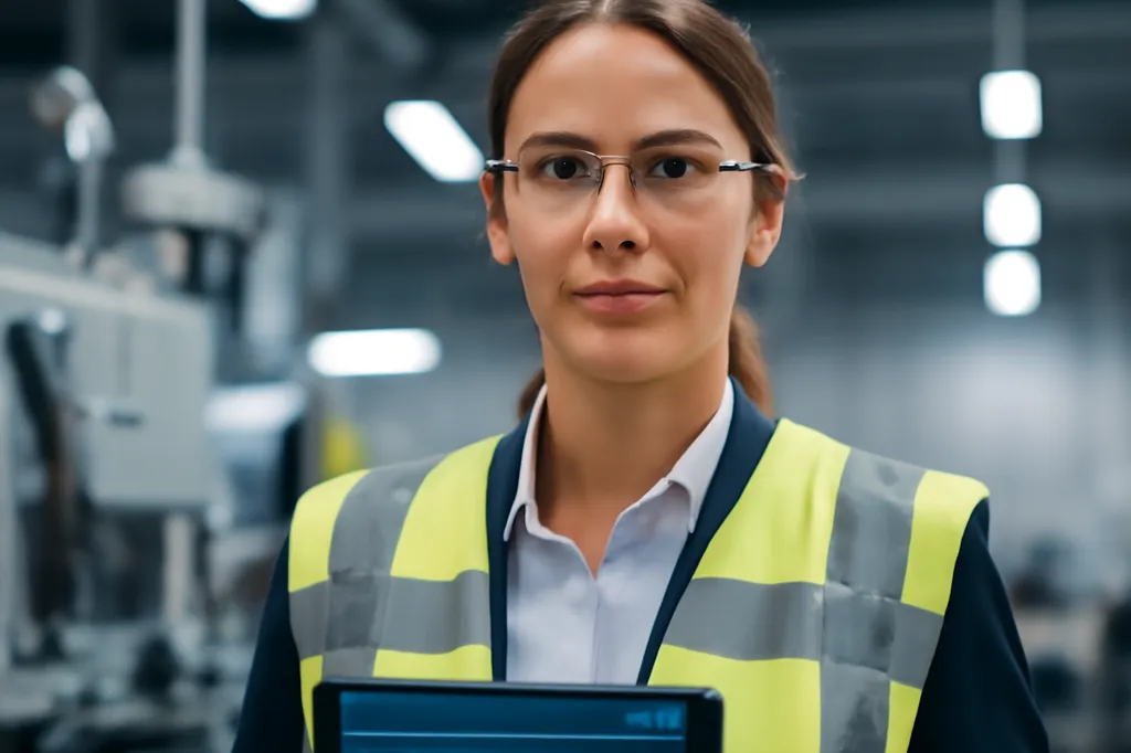 Ingénieure industrielle consultant une tablette de données IoT sur une ligne de production