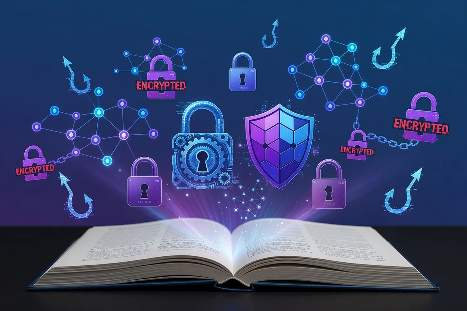Livre ouvert avec termes de cybersécurité visuellement émergents — cadenas, bouclier, nœuds réseau