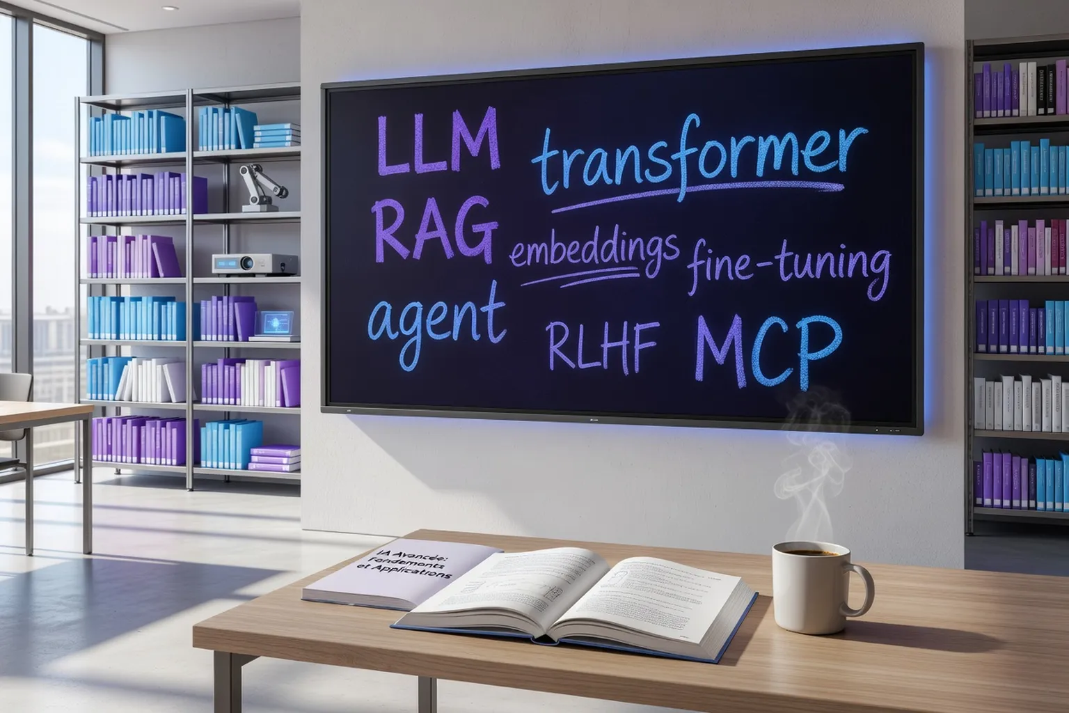 Tableau scolaire moderne avec termes IA ecrits a la craie : LLM, RAG, agent, embeddings, transformer, MCP
