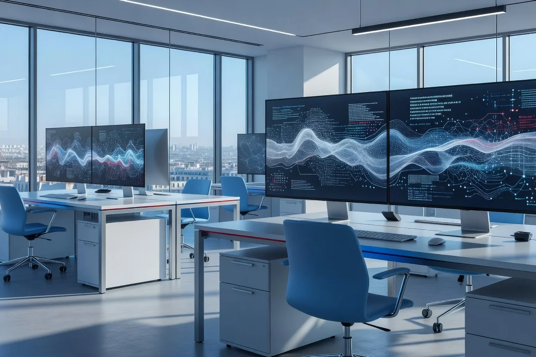 Bureaux modernes d'une entreprise technologique française avec écrans affichant des visualisations d'intelligence artificielle