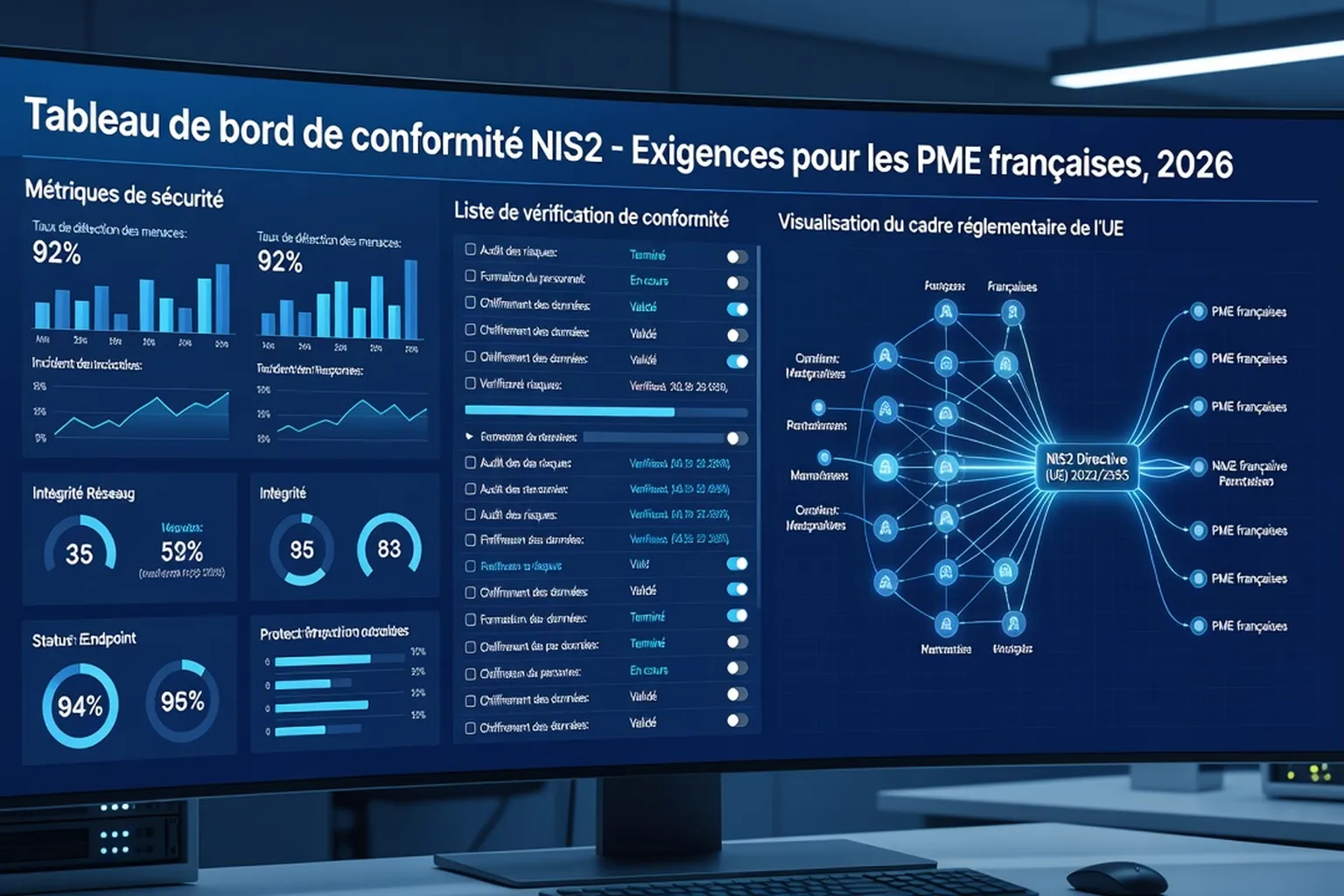 Tableau de bord cybersécurité NIS2 avec indicateurs de conformité pour PME françaises