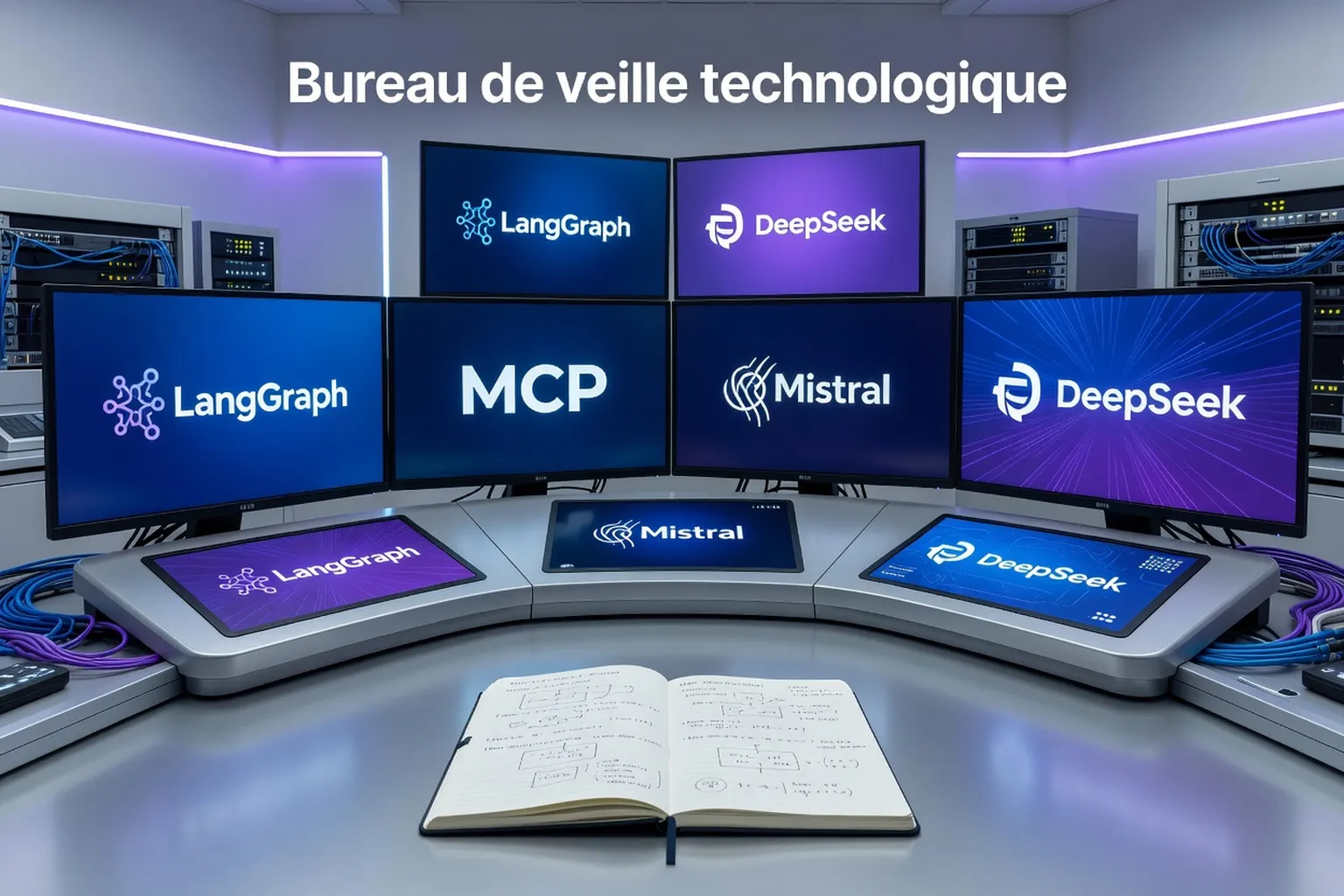 Bureau de veille technologique IA 2026 avec six écrans affichant logos LangGraph, MCP, Mistral, DeepSeek