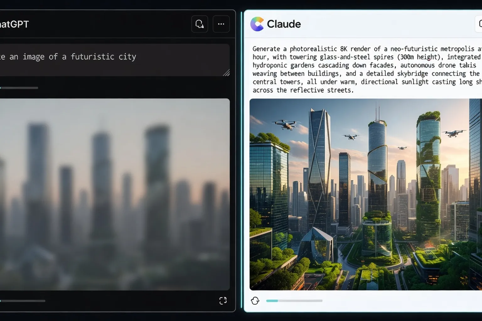 Interface IA split-screen comparant un prompt vague et un prompt structuré produisant des résultats précis