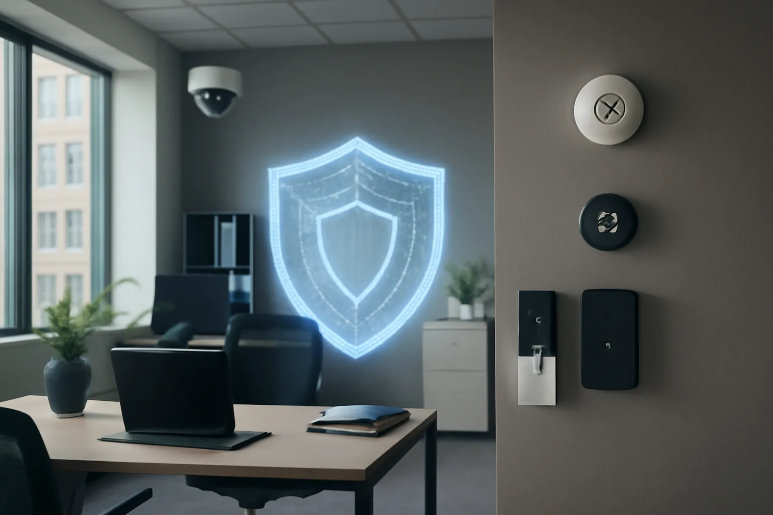 Bureau moderne avec caméra de sécurité et lecteur de badge connectés visibles sur le mur